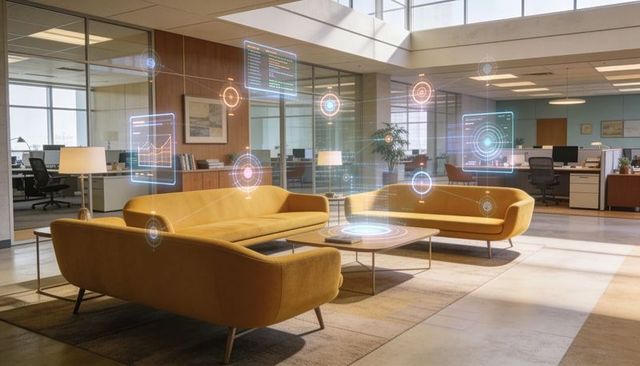 Mustard sofa office lounge showing augmented reality collaboration interfaces