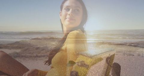 Joyful Woman Beach Vibes, Double Exposure Effect, Relaxation Theme