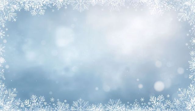 Framing snowflake border on pale blue winter bokeh background for seasonal design