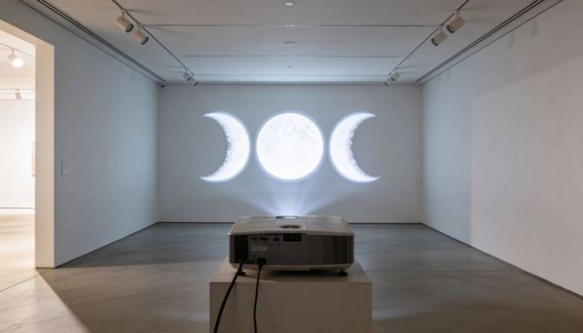 Projector casting lunar triptych on gallery wall, minimal museum installation with plinth
