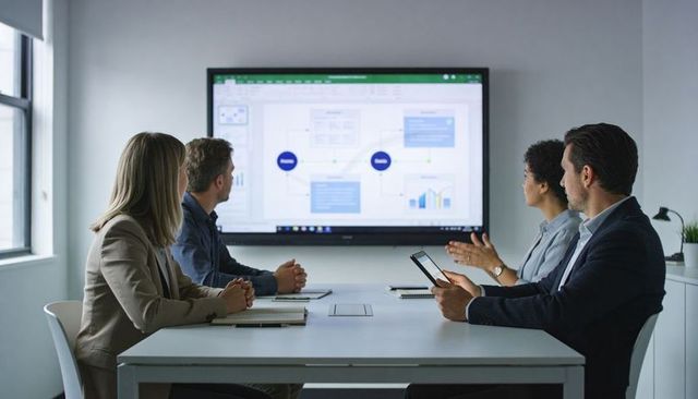 Executive team reviewing flowchart on large display during strategic business planning