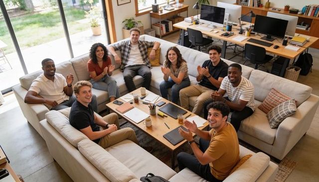 Startup team clapping celebrating project success in casual office lounge workspace