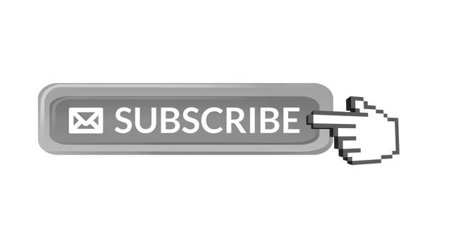 Digital graphic showing the word 'SUBSCRIBE' next to an envelope icon and a hand cursor icon pointing at it. Ideal for websites with email newsletter signups, online marketing campaigns, or promotional banners encouraging users to subscribe to mailing lists or updates.