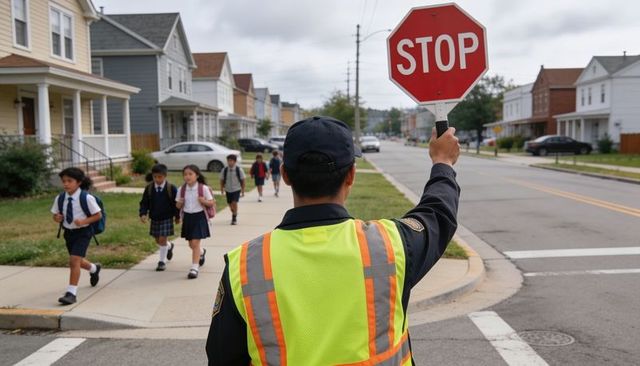 Crossing guard raising stop sign guiding schoolchildren across suburban street at crosswalk