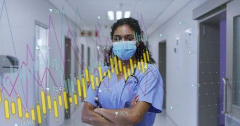 Nurse Analyzing Digital Health Charts with Mask