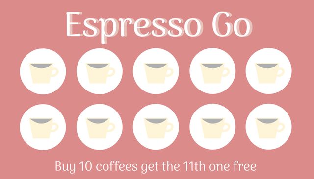 This visual can be used to promote customer loyalty programs in cafes and coffee shops. The use of cups in an array signals the familiar concept of a loyalty reward card, with a clear promise of a free coffee after purchasing ten. This graphic is great for posters, flyers, social media posts, or as part of an in-store display to encourage repeat customers and boost sales.