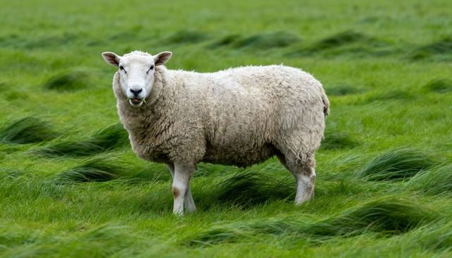 Single white sheep standing and grazing in vibrant green meadow with tufted grass