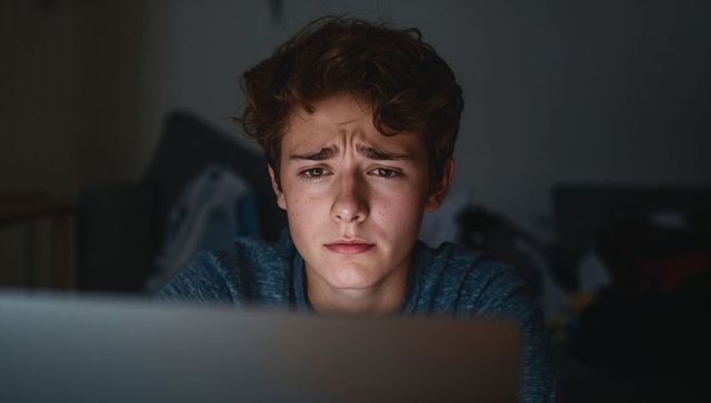 Teenager frowning at laptop in dim bedroom light concentrating on screen