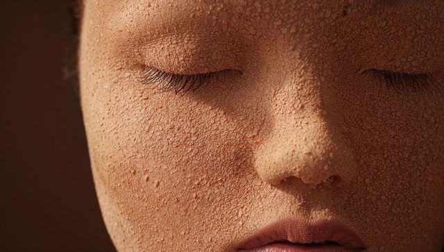 Macro closeup of face covered in cracked clay mask with closed eyes and textured skin