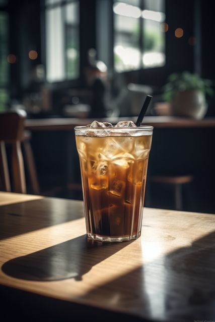 Glass of iced black coffee on wooden counter in sun, created using generative ai technology. Coffee, summer, cafe, drinks and refreshments concept digitally generated image.