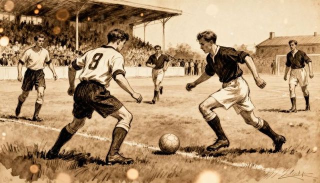 Sepia vintage football illustration depicting dribbling duel on club pitch with grandstand