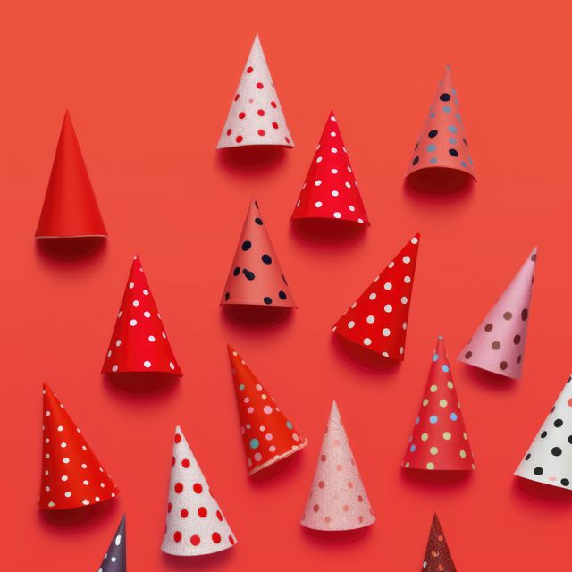 Close up of party hats over red background, created using generative ai technology. Party, birthday party and celebration concept digitally generated image.