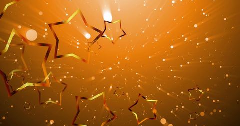 Festive Golden Stars and Snowfall on Vibrant Orange Background
