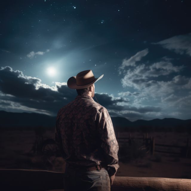 Cowboy gazing at the night sky in a vast wilderness under moonlight. Suitable for themes of solitude, adventure, rural life, and the beauty of nature. Ideal for promotional materials for outdoor activities, western films, travel destinations, and lifestyle blogs.