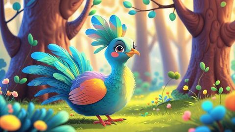 Whimsical cartoon bird animal  in magical forest