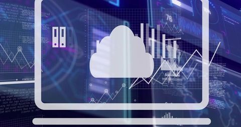 Cloud analytics dashboard showing neon data visualization, line charts and code interface