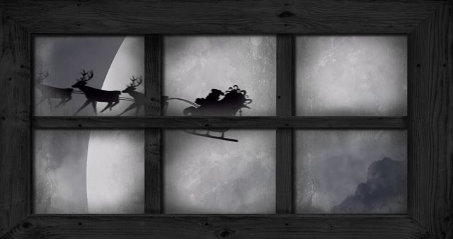 Santa Claus Silhouette in Sleigh with Reindeer Seen Through Window - Download Free Stock Images Pikwizard.com