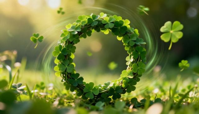 Shimmering clover wreath resting on meadow at golden sunrise, lucky shamrock circle