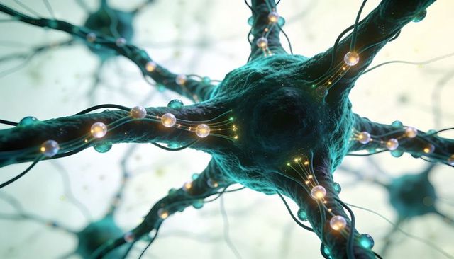 Neuron transmitting electrical signals with glowing synapses and vesicles, neural concept