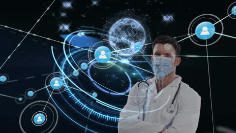 Doctor in Mask Over Technological Network Graphic