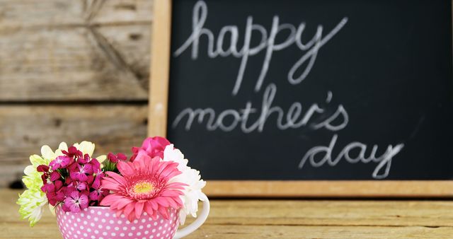 Colorful floral arrangement sits in a pink polka dot cup in front of a chalkboard with 'happy mother's day' written in handwritten style. This image is perfect for Mother's Day greetings, cards, and promotional materials for businesses celebrating the holiday. The rustic wood background provides a cozy, country-themed decor.