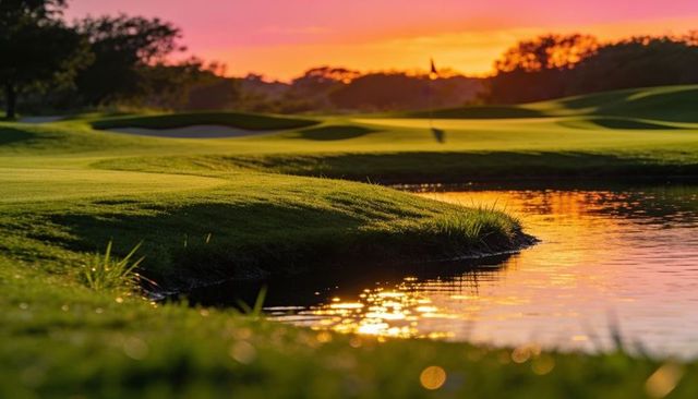 Golden sunset reflecting on pond and rolling greens at golf course with flagstick