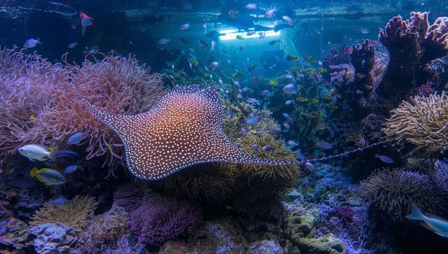 Spotted ray gliding over vibrant coral reef inside public aquarium