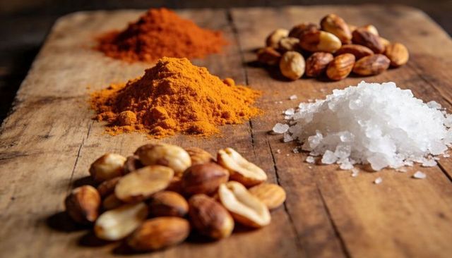 Showcasing turmeric and smoked paprika with roasted peanuts and sea salt on rustic board