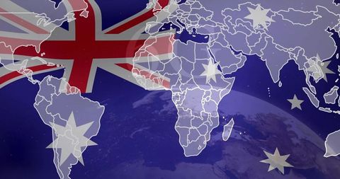 World Map with Australian Flag and Southern Cross Overlay
