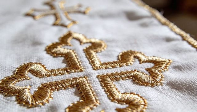 Glinting gold embroidered cross on white linen vestment with raised satin padding