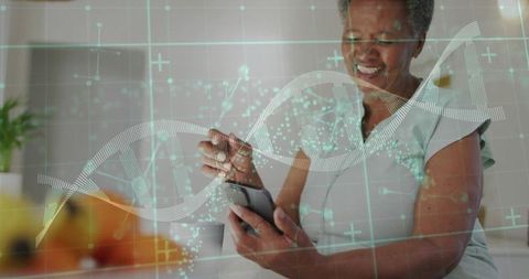 Senior woman using smartphone with dna helix overlay for health, genomics and telemedicine