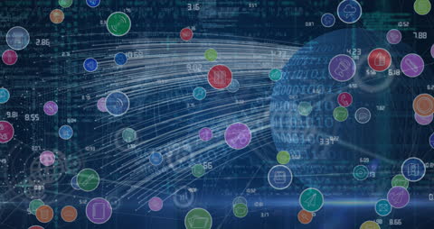Global Digital Network with Data Icons Overlay