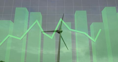 Wind turbine overlaid with green bar chart and line representing renewable energy trends