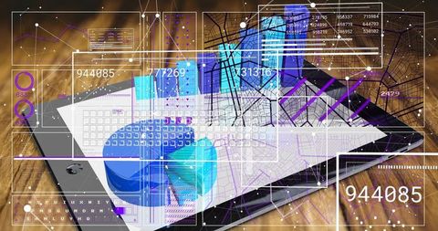 Tablet Displaying Interactive Data Dashboard with Map Overlay, 3D Pie Chart, Virtual Keyboard