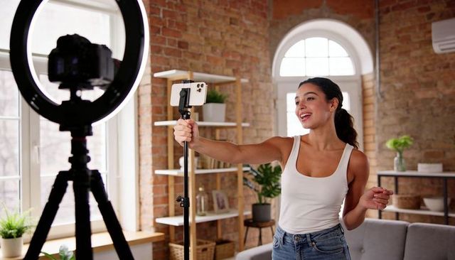 Smiling Content Creator Recording Vlog Holding Smartphone Gimbal and Ring Light in Loft