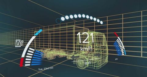 Futuristic wireframe truck with digital dashboard display