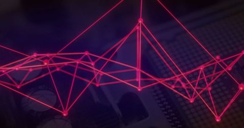 Red network links on circuit board, digital connectivity concept