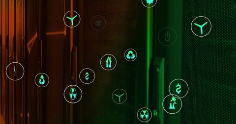 Datacenter energy icons showing sustainable power, emissions, recycling over server racks