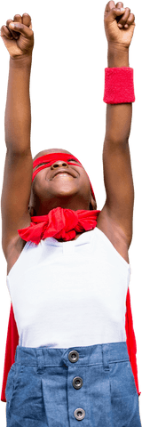 Smiling Girl Wearing Red Cape with Raised Arm Transparent Background