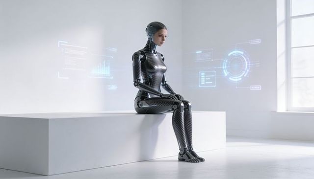 Sitting female android with carbon-fiber shell displaying blue holographic interface in white lab