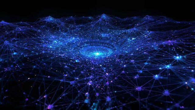 Neon Network Vortex Glowing Mesh Topology with Central Hub and Connected Nodes for AI