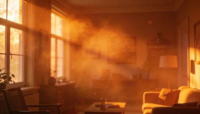 Sunbeams bathing cozy living room in golden dusty glow at sunset