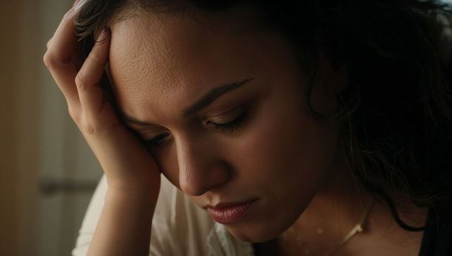 Pensive woman resting head on hand closeup, moody contemplative portrait with soft warm light