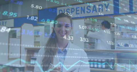Female pharmacist analyzing financial data in medical dispensary