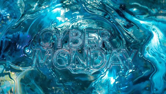 Cyber Monday metallic text flowing across glossy teal liquid surface, futuristic reflections