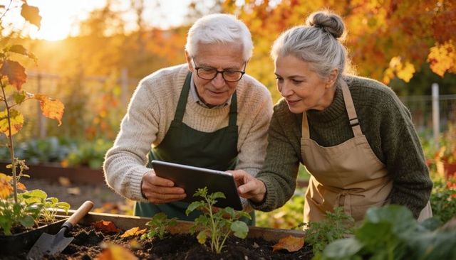 Senior couple using tablet while tending autumn raised bed garden in cozy sunlight
