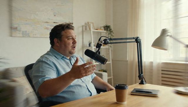 Podcast host speaking and gesturing into microphone in home studio with coffee cup