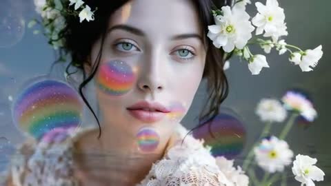 Ethereal Portrait with Rainbow Bubbles and White Blossoms
