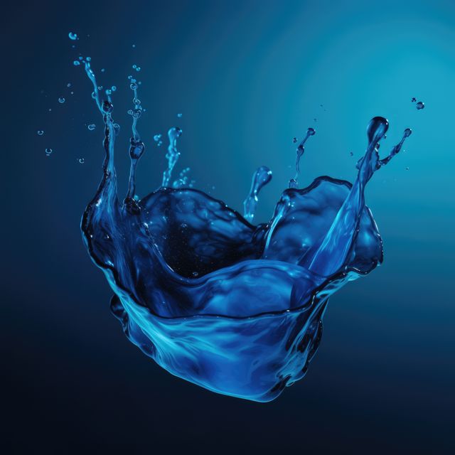 Close up of blue liquid splashing on blue background created using generative ai technology. Liquid and colour concept digitally generated image.