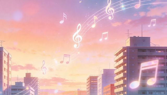 Dreamy dusk cityscape with glowing musical staff and notes floating above rooftops, pastel twilight